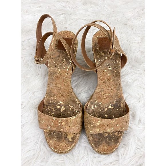 Tory Burch Marion Quilted Cork Espadrille Wedge Natural Gold Sandals Ankle Wrap - Picture 2 of 7